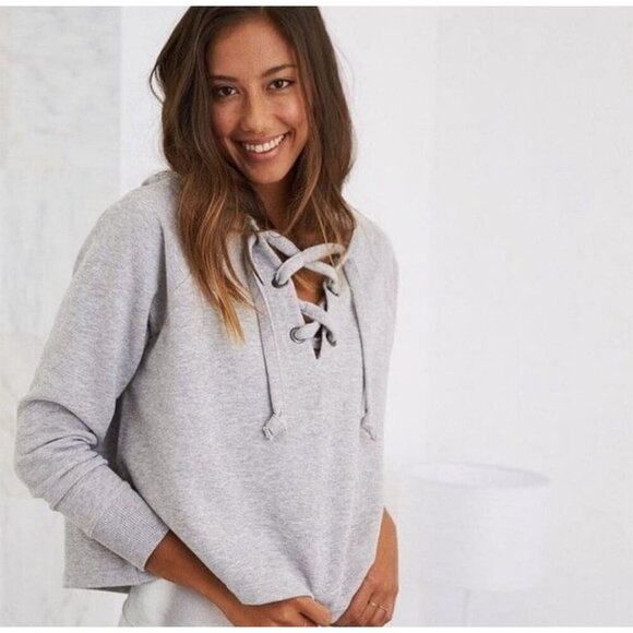 Aerie Lace Up Cropped Light Blue Pullover Oversized Hoodie Women’s Size Small - Picture 1 of 6